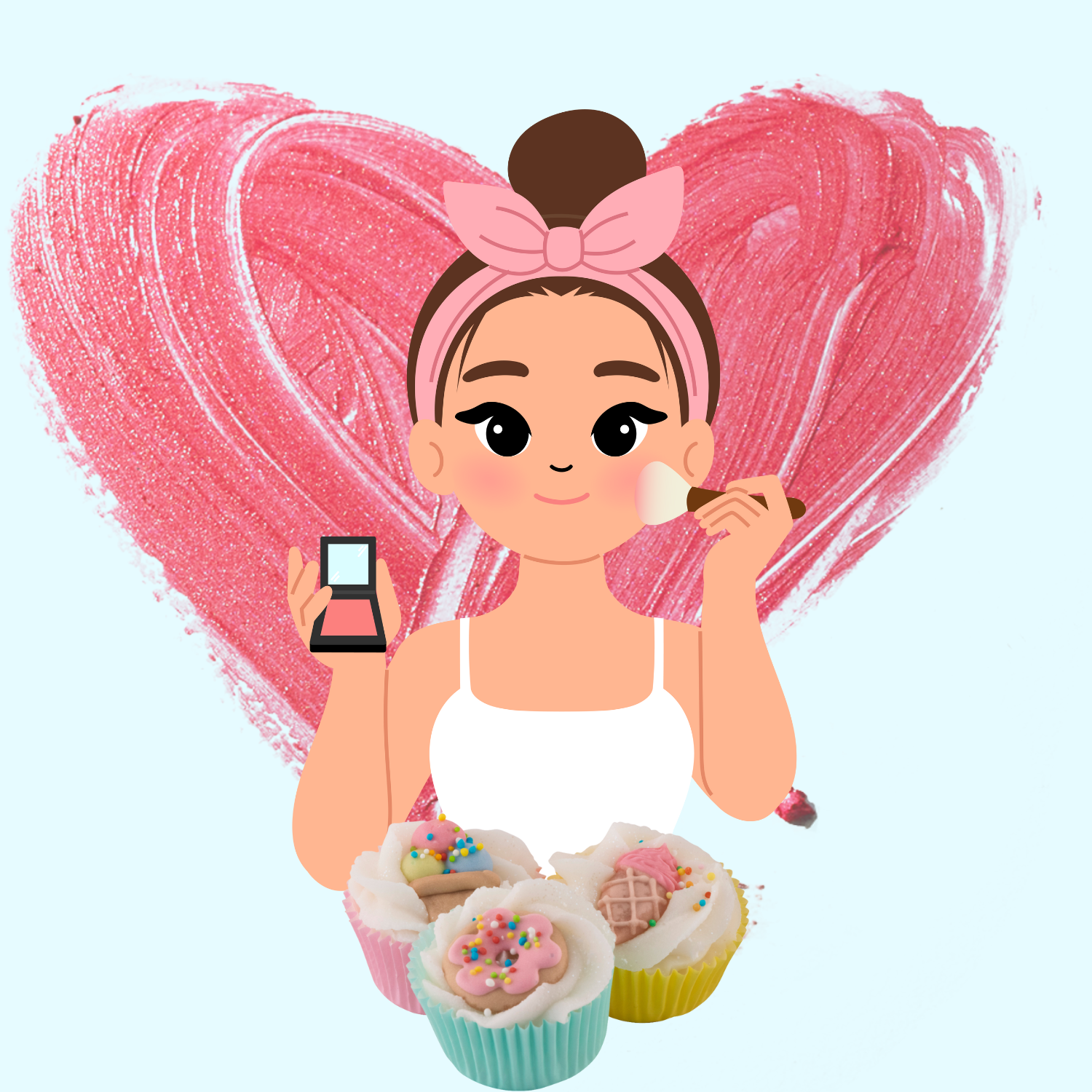 Image d'illustration comprenant un dessin de jeune femme en train de se maquillée sur un fond type peinture en forme de coeur. On voit devant elle la photo de cupcakes de bain/douche vendus en magasin.