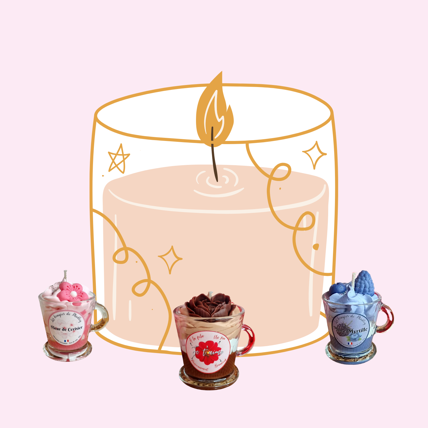 Image composée d'un dessin de bougie ainsi que de trois bougies parfumées vendues en magasin.