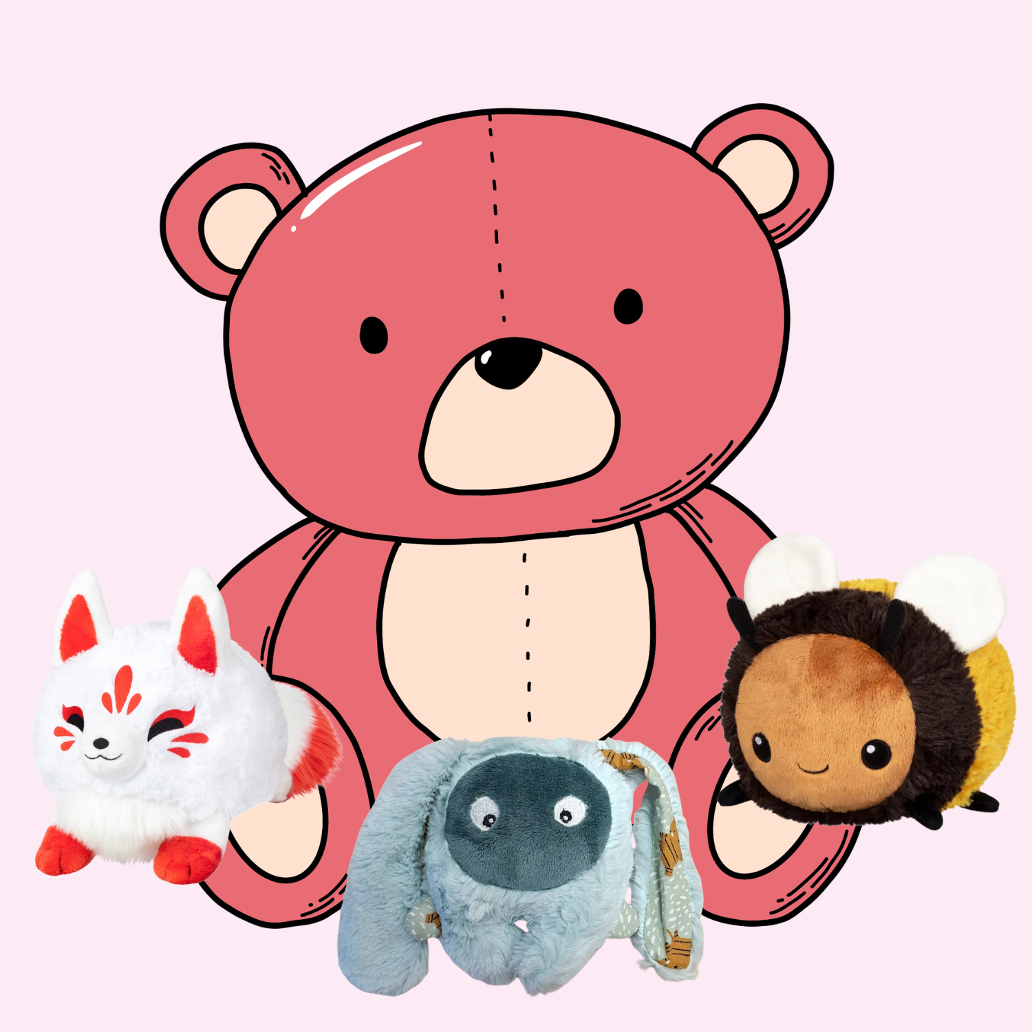 Image d'illustration comprenant un dessin d'ourson en peluche accompagné de trois peluches vendues au magasin, à savoir un bébé kitsune, une mini-bestiole et un bourdon.