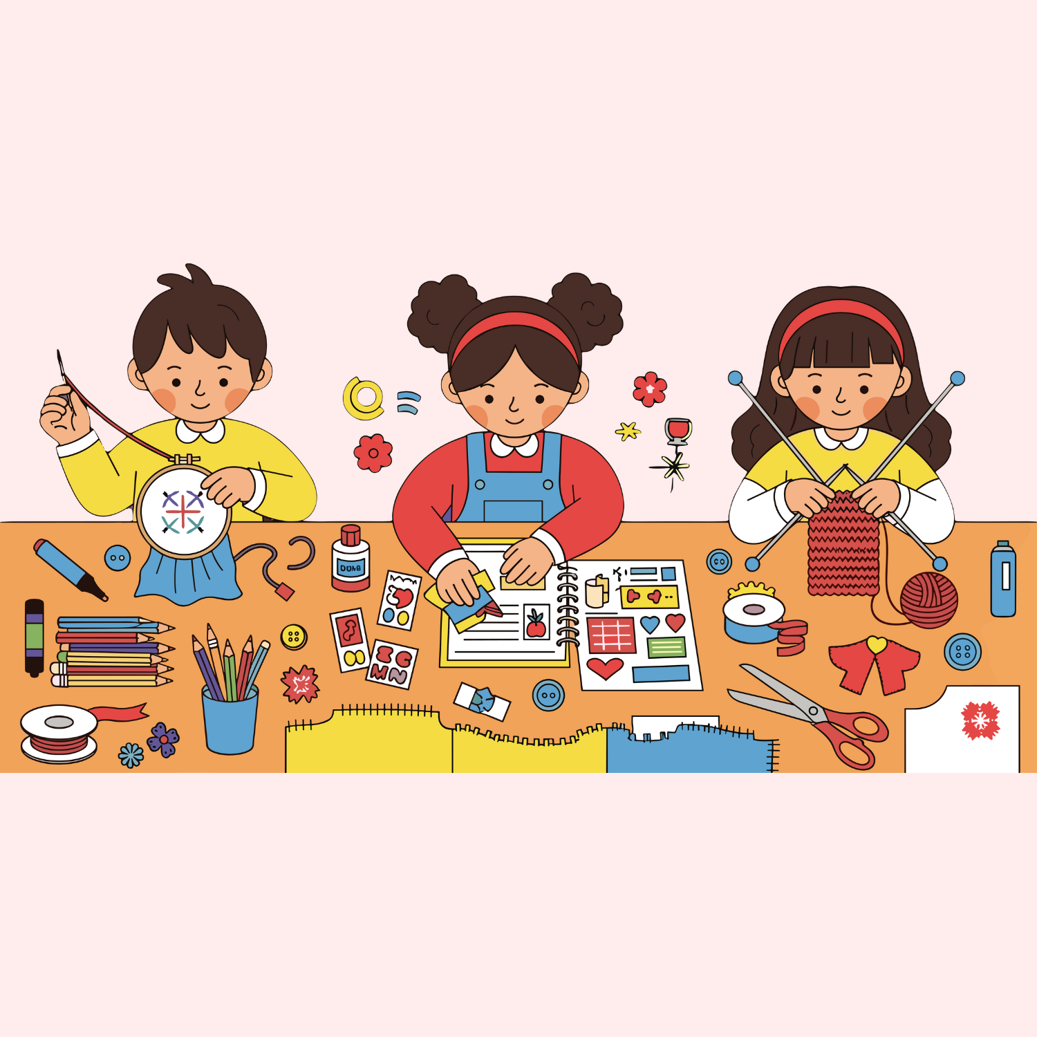 Image composée d'un dessin comprenant 3 enfants en train de faire différentes activités manuelles.