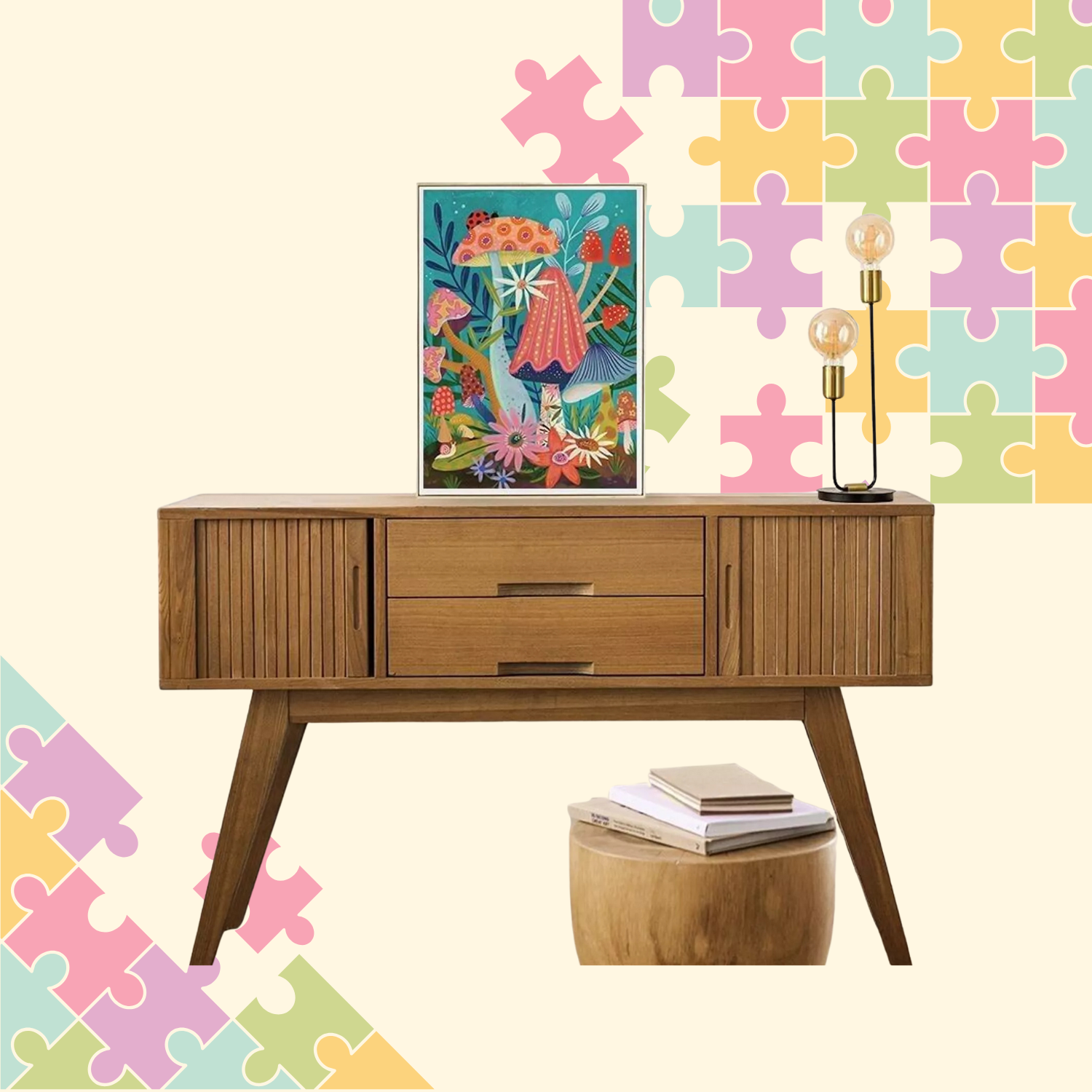 Image d'illustration comprenant une photo d'un puzzle terminé sur un meuble, et des pièces de puzzles dessinées sont aux coins de l'image.