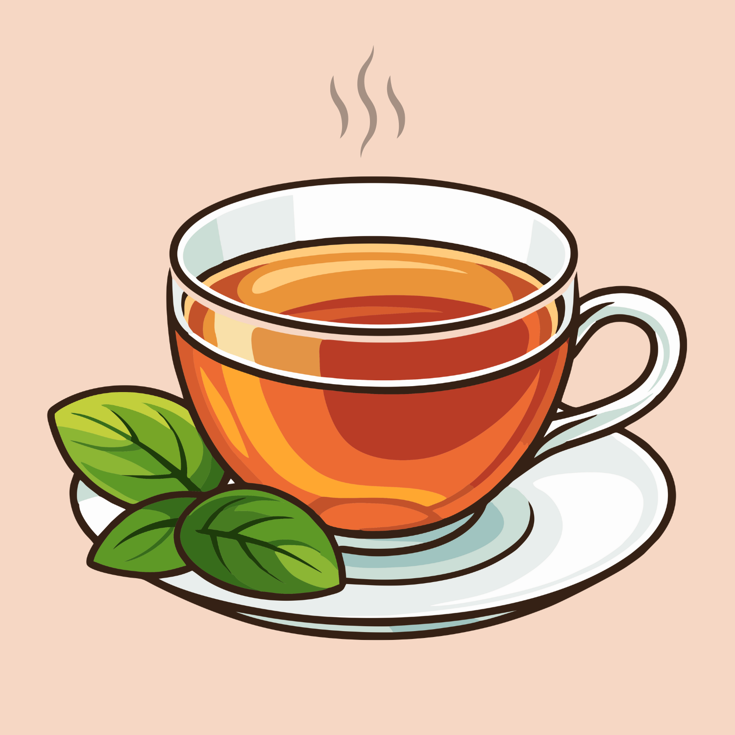 Dessin d'illustration composé d'une tasse de thé chaude sur une soucoupe blanche avec trois feuilles de menthes posées dessus.