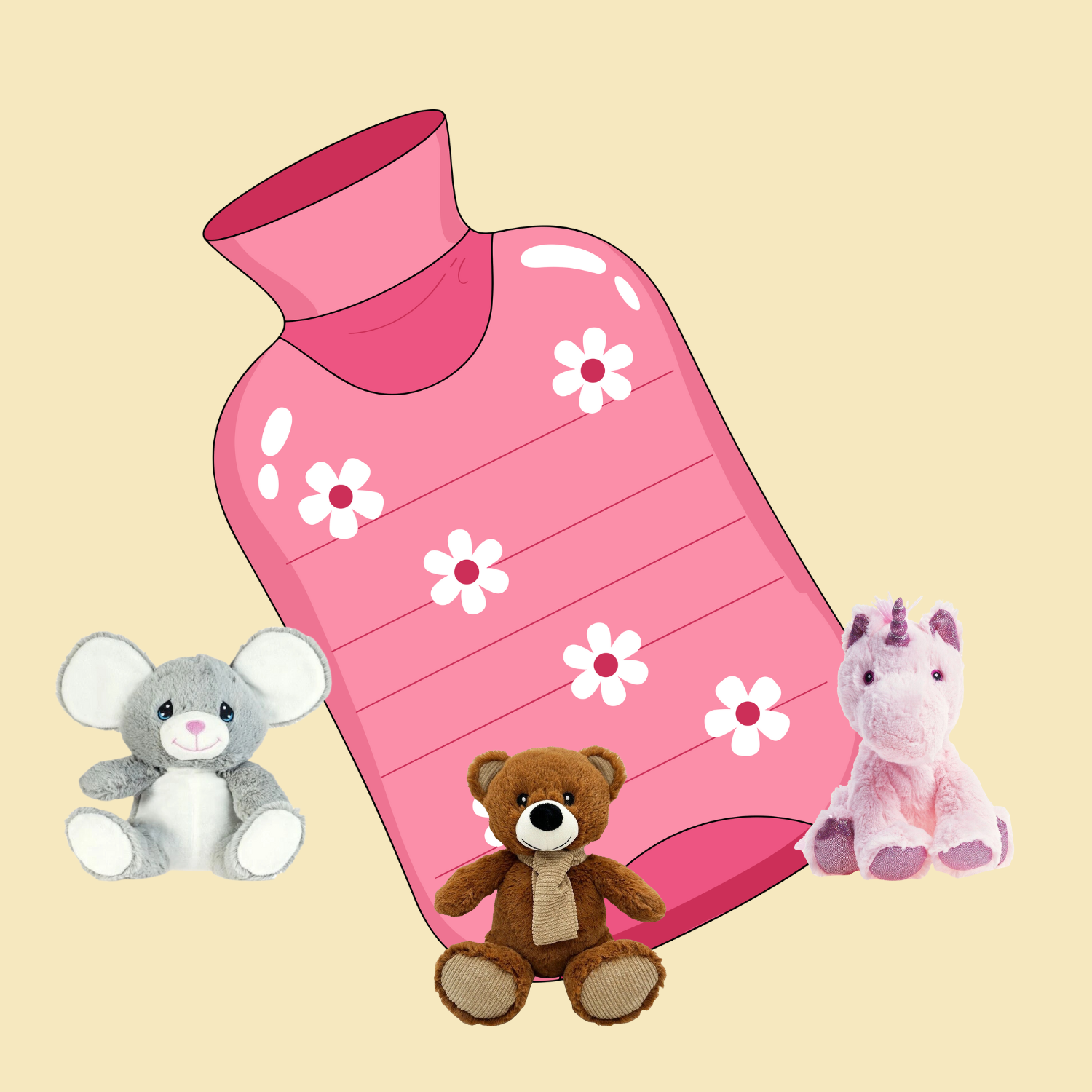 Image d'illustration comprenant un dessin de bouillotte rose à fleurs blanches entourée de photos de bouillottes vendues en magasin, à savoir une bouillotte souris, ourson et licorne.